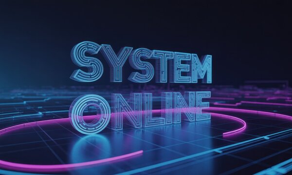 Digital words "System Online" on a futuristic circuit board background - Powered by Adobe