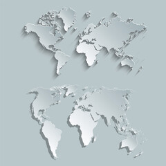 A world map cut out of gray paper. A set of political maps of the world on a gray