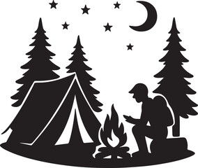 Camping Silhouette Illustration Night Campfire Tent under Moon and Stars