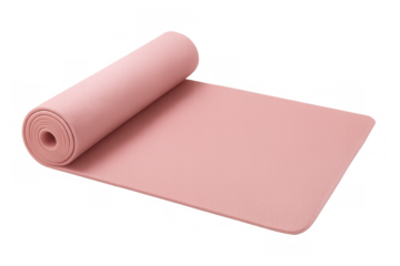 Pink yoga mat unrolling on transparent background, symbolizing fitness, exercise, and healthy lifestyle