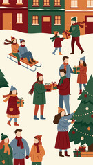 Fototapeta premium Winter Holiday Scene with People Celebrating, Exchanging Gifts, and Sledding