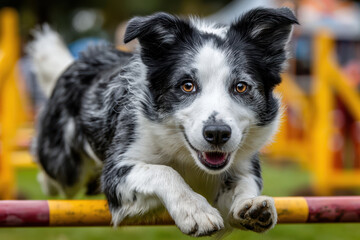 Border Collie Leaping Over a Jump at Dog Agility Course