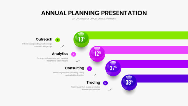 Modern Performance Four Step Infographic Presentation Layout. Simple Solution Slide Design Vector Illustration. Market Briefing 4 Option Graph Frame Template.