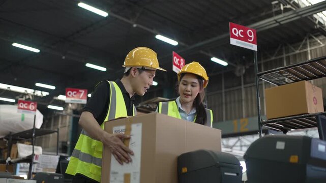 Blue collar workers are working at warehouse. Logistics, transportation.