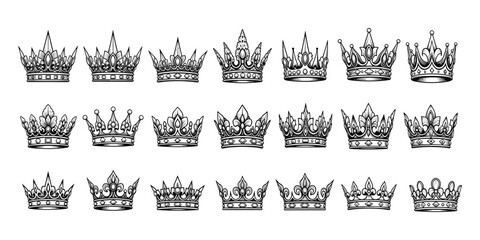 Royal crown collection illustration, ornate vintage tiaras and diadems set, luxury monarchy symbols, heraldic design elements, isolated white background, flat vector illustration © PORI 