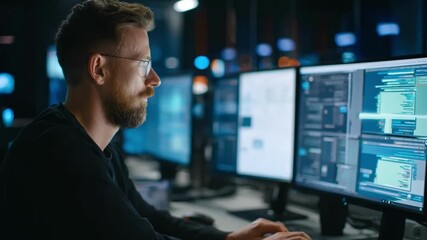 Medium shot capturing a network engineer analyzing AIdriven maintenance notifications for network infrastructure showcasing realtime automated issue detection.