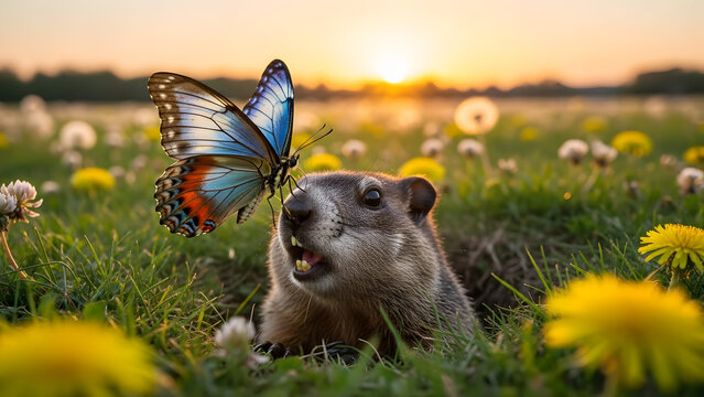 Fototapeta Serene scene of a butterfly and groundhog in a field