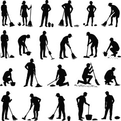 Obraz premium Silhouette set of people performing cleaning tasks such as sweeping, mopping, and organizing, with a focus on gardening and floor maintenance