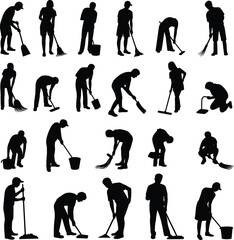 Obraz premium Silhouette set of people performing various cleaning tasks, including sweeping, mopping, and using cleaning tools for home or office maintenance and hygiene