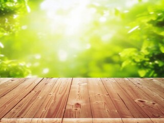 Blurred nature abstract green bokeh with wooden table top .An area for displaying your products.