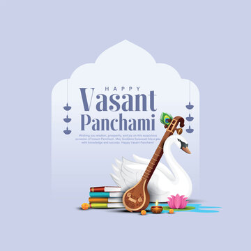 Vector illustration of happy Vasant Panchami puja of India. Creative design for banner, poster, card.
