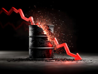 Energy market crash symbolized by falling graph and broken oil barrel