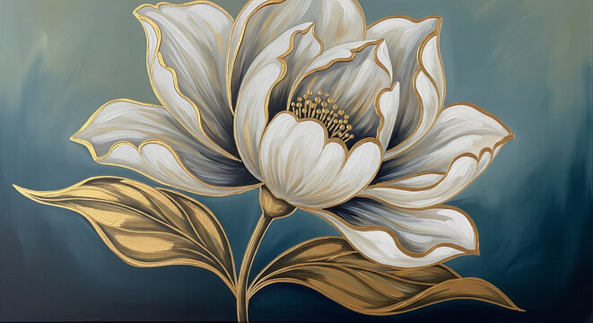Acrylic painting of elegant white flower with gold leaves on blue 3D Wall Mural. floral landscapes. 3d floral art, floral wallpaper, Luxurious textile tile wall art