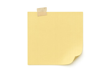 Yellow blank sticky note paper with curled corner and tape, a reminder or message concept on transparent background