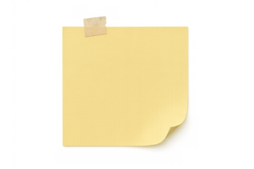 Yellow blank sticky note paper with curled corner and tape, a reminder or message concept on transparent background