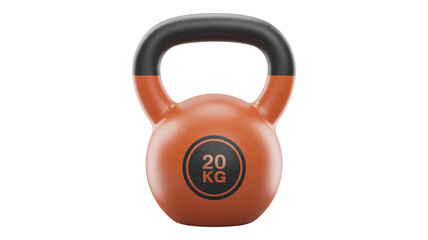 A vibrant orange 20 kilogram kettlebell with black handle on white background for fitness and strength training