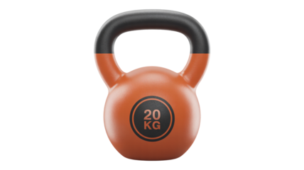 A vibrant orange 20 kilogram kettlebell with black handle on white background for fitness and strength training