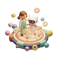 Isometric 3D Clay Model: AI Robot Collaboration [Transparent PNG]