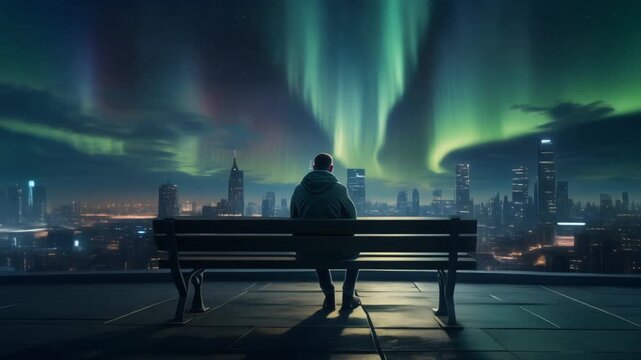A man sitting quietly on a bench overlooking a futuristic night city, illuminated by glowing