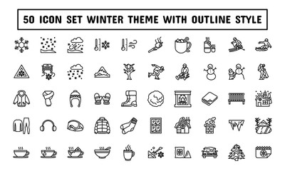 Minimal winter outline icons featuring seasonal objects, cold weather elements, cozy accessories, outdoor activities, and holiday scenery with versatile usage for various themes.