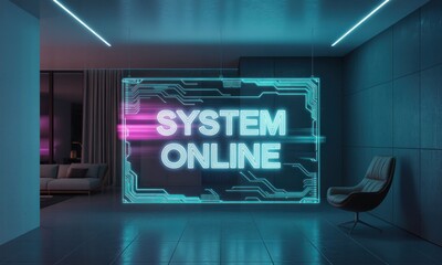Futuristic interior with glowing "System Online" display