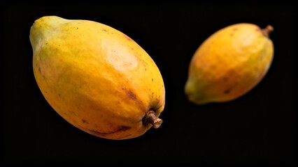 Two ripe yellow cacao pods isolated on black background