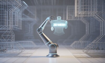 Futuristic robot arm manipulating 3D mesh model