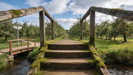 Wooden bridge over stream leading through an orchard with ripe apples