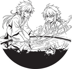 Mysterious anime characters conjure water magic together