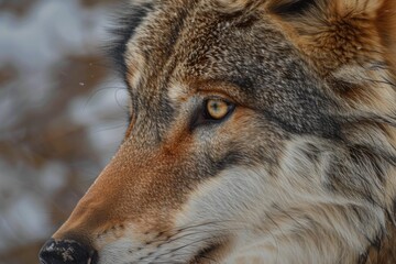 Obraz premium Close up of a eurasian wolf with intense amber eyes, its fur blending with the snowy winter forest background