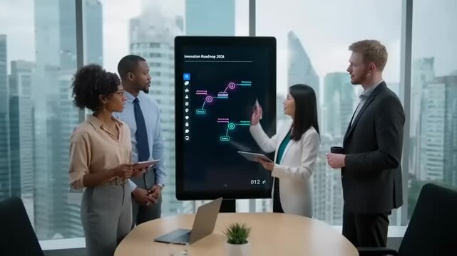 Diverse business team discusses innovation roadmap on a digital interactive display in office