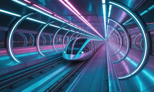 Futuristic train tunnel, vibrant neon lights - Powered by Adobe