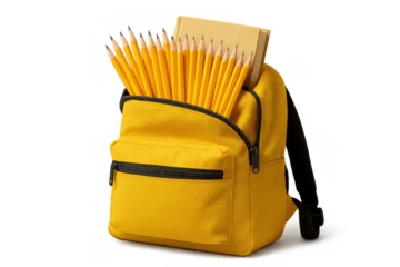 Yellow school backpack packed with many pencils and a book, symbolizing educational concept and supplies. Transparent background