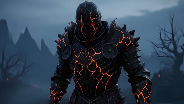 dark armored warrior holding sword in cinematic fantasy environment