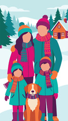 Happy family with dog enjoying winter in a snowy landscape with a cabin