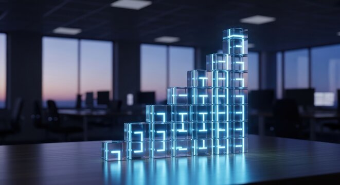 Glass cubes form a rising graph in an office