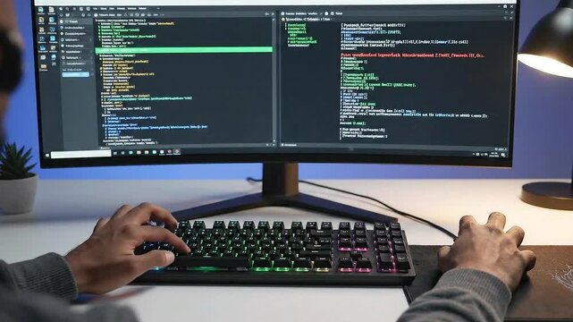 Coding on a Monitor with Illuminated Keyboard and Hands Typing on a Desk with a Pot Plant and Desk Lamp in White and Blue Background in Interior
