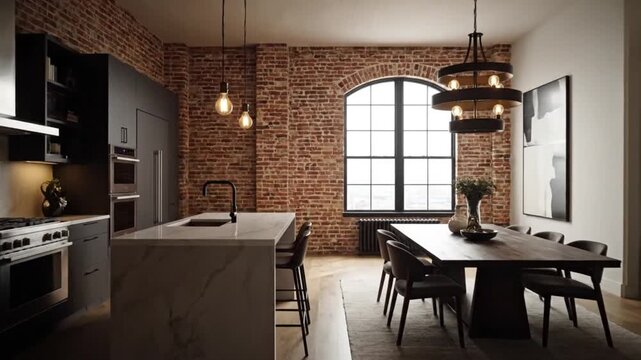 Modern industrial kitchen and dining area with exposed brick and natural light.