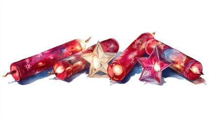 Luminous Christmas holiday watercolor illustration with red candles and glowing stars on white background, festive and warm.