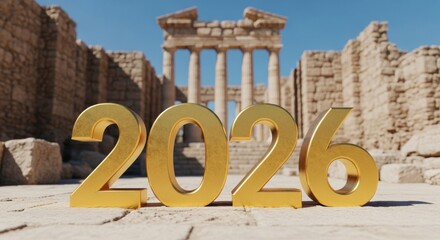 Golden 2026 numerals in front of ancient ruins