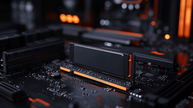 Close up of an NVMe SSD being installed on a motherboard, creating a scene of technological chaos. Focus on hardware components, highlighting computer technology and a high-tech environment.