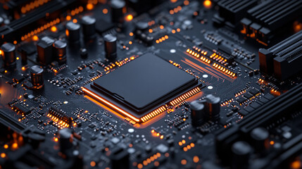 Close-up on an NVMe SSD being installed on a motherboard, showcasing the intricate details and the advanced technology. The image captures a sense of organized complexity and modern computing.