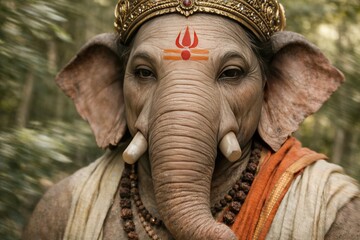 Majestic Ganesha Portrait with Traditional Attire and Forest Background