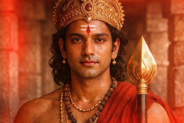 Young Indian Warrior King with Royal Crown and Spear in Traditional Attire