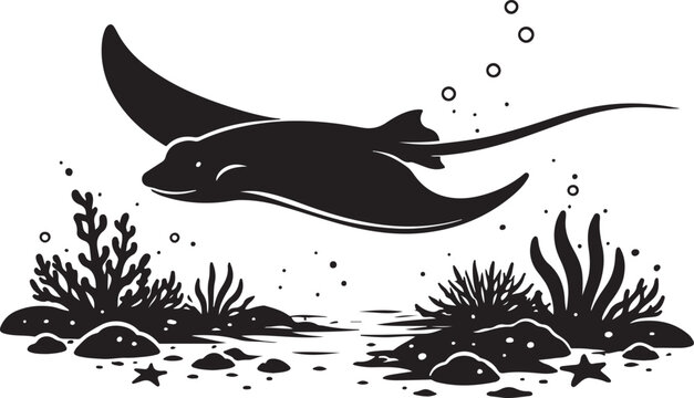 A silhouette of stingray swimming low, ocean floor setting, black vector