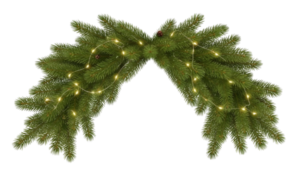 Green Pine Christmas Garland with Warm White String Lights isolated PNG with Transparent Background
