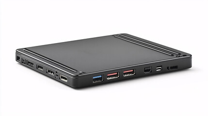 Isolated against a white background, a hard disk drive (HDD) or solid state drive (SSD). The portable external storage device features multiple ports, offering versatile connectivity options for data