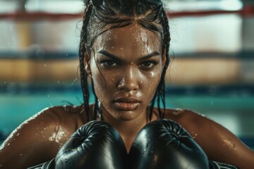 Portrait of a determined female boxer sweating and wearing boxing gloves, preparing for a fight in a boxing ring