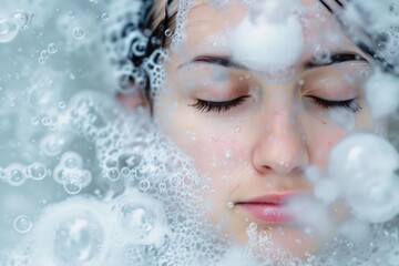 Serene woman enjoys a luxurious spa treatment, immersing her face in a soothing bubble bath with closed eyes