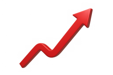 Red arrow moving up, symbolizing business growth, increasing trend, financial success, and market progress with transparent background